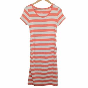 LIZ LANGE MATERNITY Women’s Coral White Striped Midi Dress Medium Stretch Casual